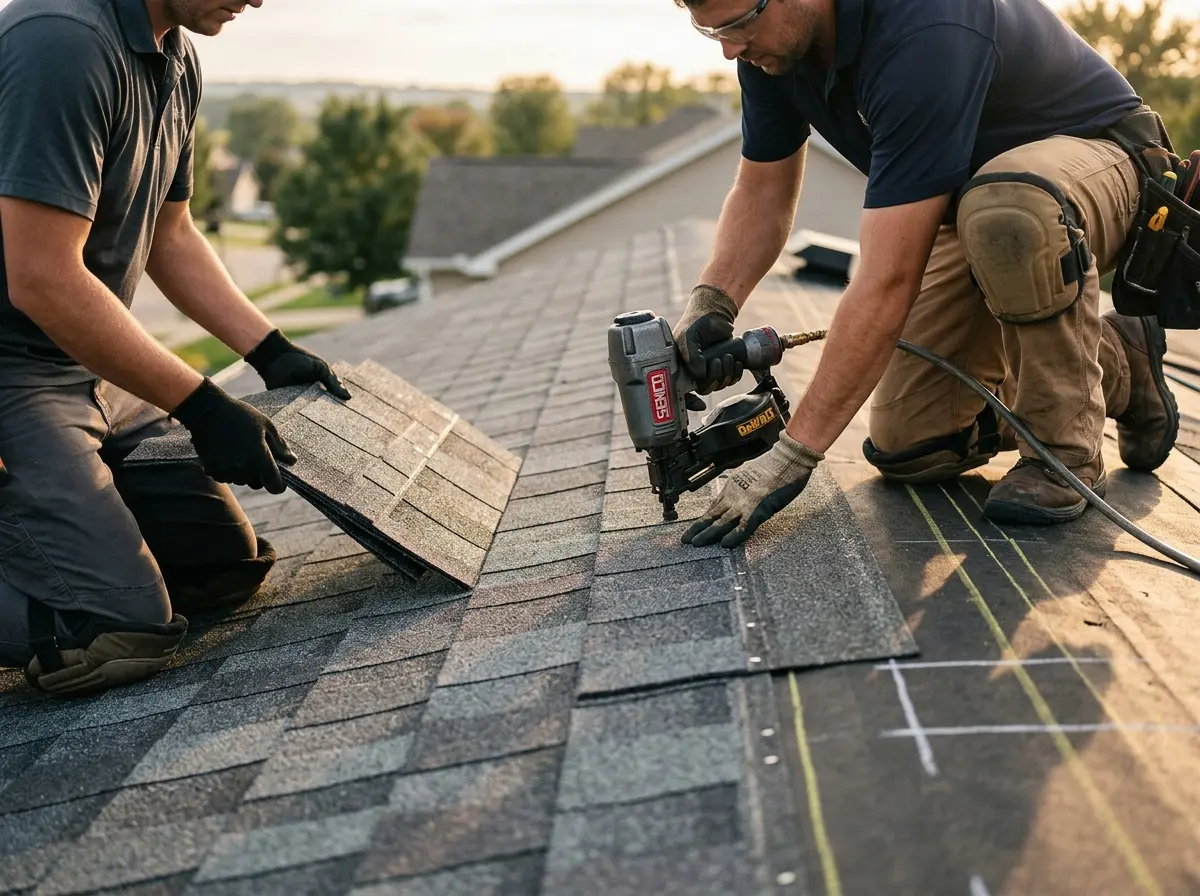 Professional roofer working on a residential roof in Berryville